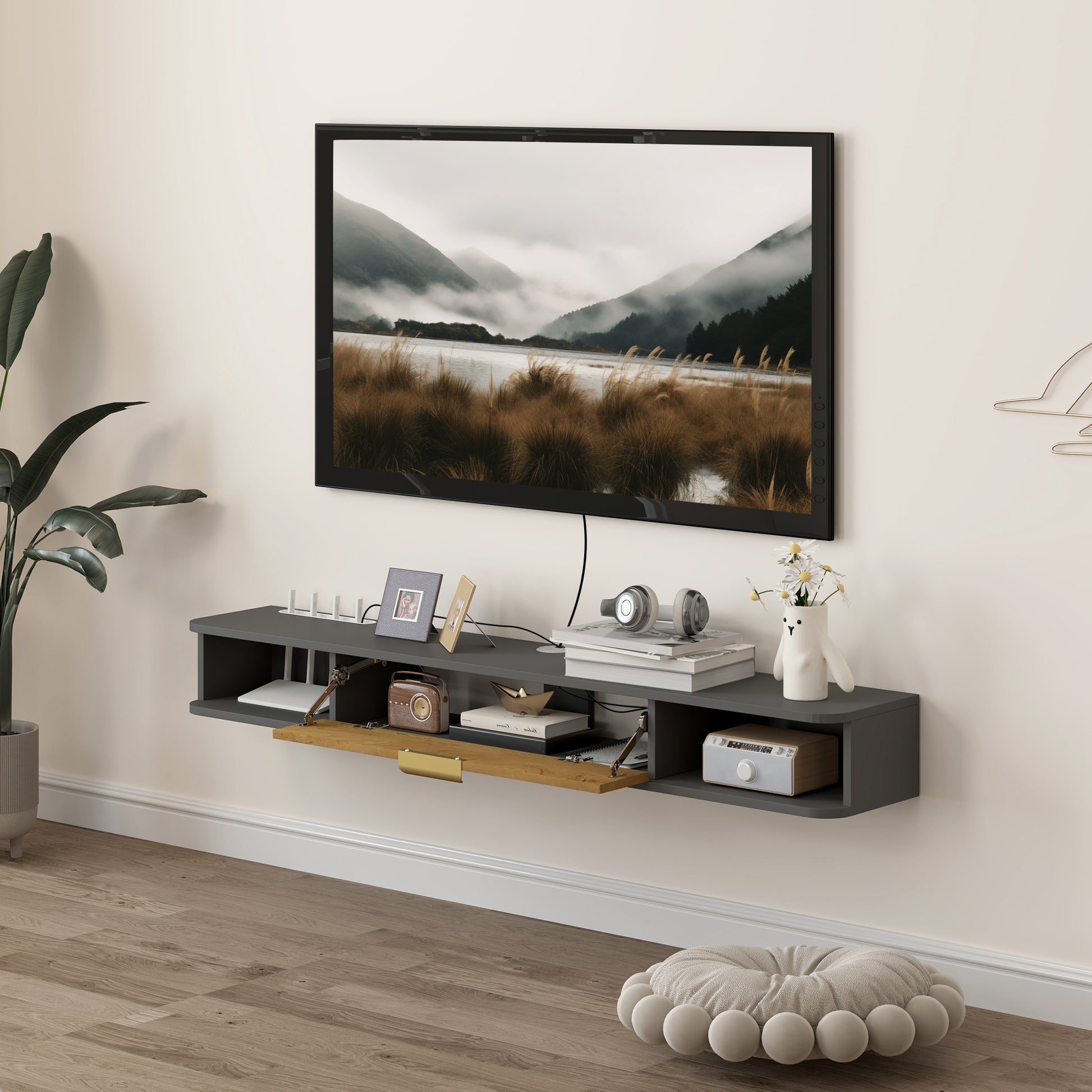 HOMCOM 140 cm Floating TV Unit with Storage Entertainment Media Console Grey
