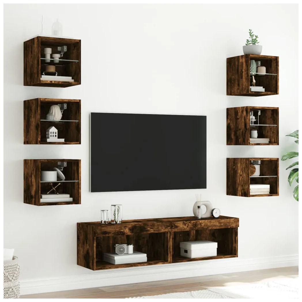vidaXL 8 Piece TV Wall Units with LED Smoked Oak Engineered Wood - Bert Joseph 