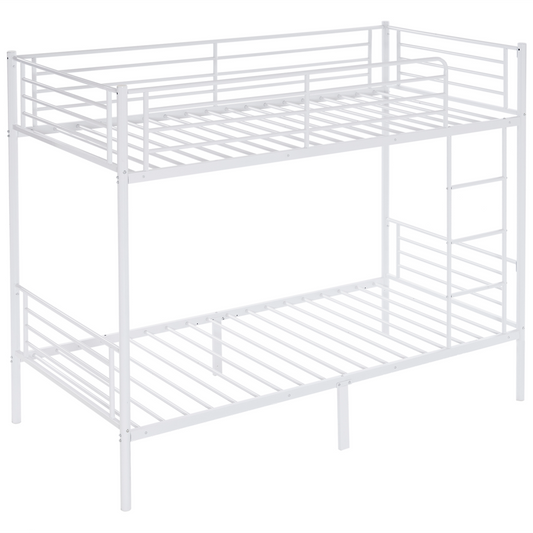 【Same Code：99091194】Twin Over Twin Bunk Bed for Kids Teens Adults, Heavy Duty Metal Bunk Bed with Ladder & Full-Length Guard Rail & Storage Space, White