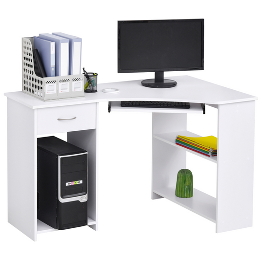 L-Shaped Corner Computer Desk w/ 2 Shelves Worktop Keyboard Tray White - Bert Joseph 