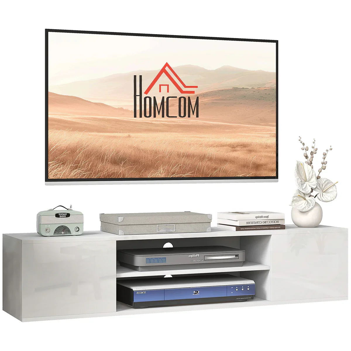 HOMCOM Floating TV Unit for 60" TVs W/ Shelves and Cabinets, White - Bert Joseph 