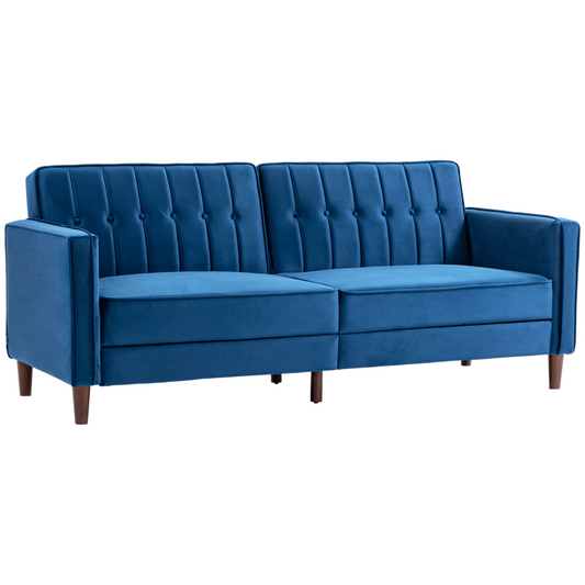 HOMCOM Convertible Sofa Futon Velvet-Touch Tufted Couch Sofa Bed Split Back Blue - Bert Joseph 