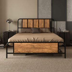 Double Bed Frame Steel Bed Base with Headboard 145 x 199cm Brown