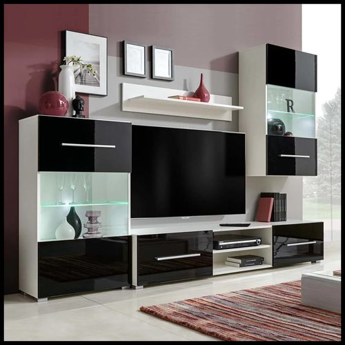 4 pcs Black High Gloss Wall Display Cabinet TV Unit with LED Lighting